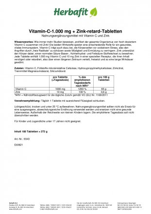 Vitamin-C-1.000 mg + Zink-retard-Tabletten 180 Tabletten